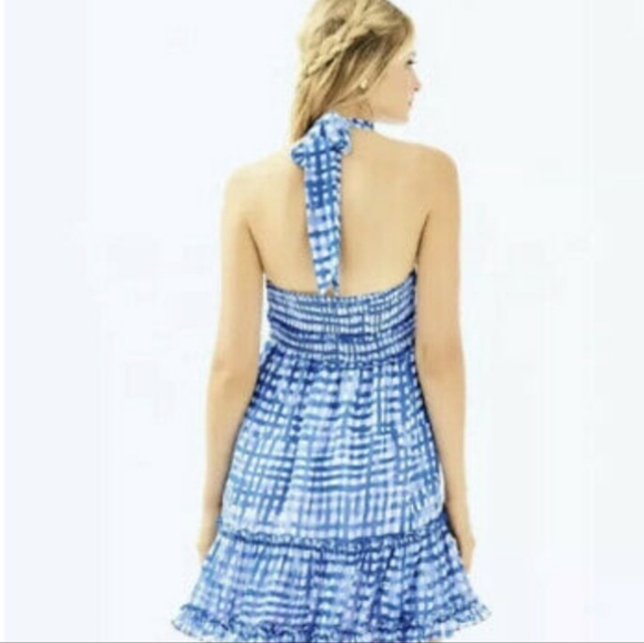 Lilly Pulitzer Cailee Halter DlBlue Gingham Feelin Beachy Ruffle Dress. Small - Picture 3 of 9